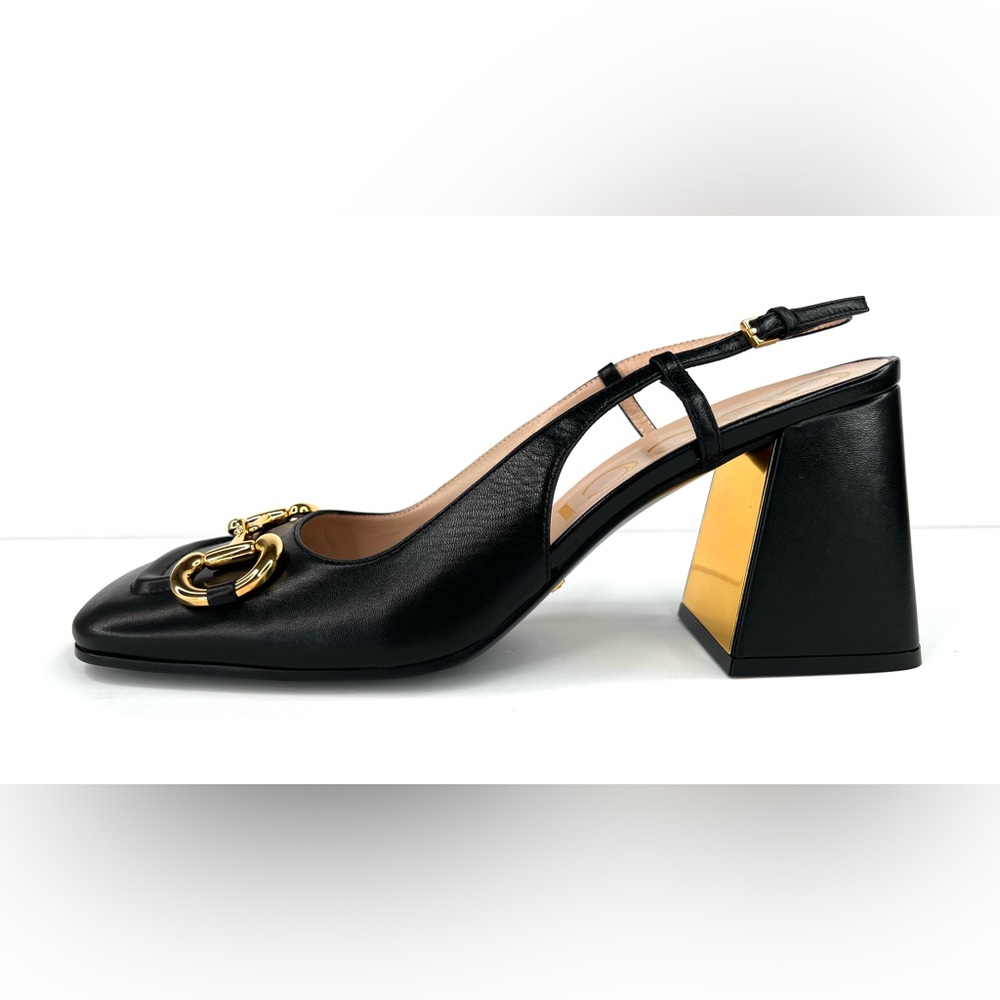 Gucci Black Leather Heels with Gold Detailing - Picture 4 of 11